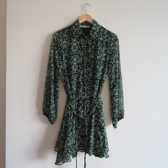 ZARA Sheer Leaf Print Belted Button Front Dress in Forest Green Boho - Size S - Picture 3 of 16